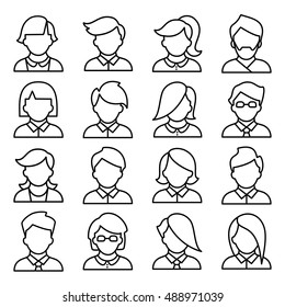 Set of icons of men and women in a flat linear style. Vector people avatars.