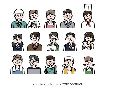 A set of icons for men and women of various occupations drawn with simple line drawings