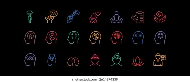 Set of icons for Mental Health. Editable stroke. Vector illustration	