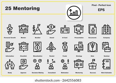 Set of icons Mentoring, personal growth, mentor, boulder, award, id card, presentation, document, company, information, checklist, rocket, note , very high quality