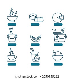 Set of icons, menu buttons for fast food. Food. Linear, contoured interface of nine icons for an application or website. Vector. 