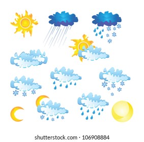 A set of icons for meteorologists, with icons for different weather conditions, sun, rain, cloudy, snow, hail, thunderstorm