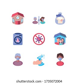 set of icons with methods of prevention of coronavirus infection vector illustration design