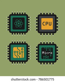 A set of icons of micro-chips and processors. Quantum processor, micro-processor, processor with board; electronic CPU. svg
