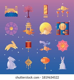 set of icons mid autumn festival vector illustration design