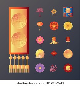 set of icons mid autumn festival on black background vector illustration design