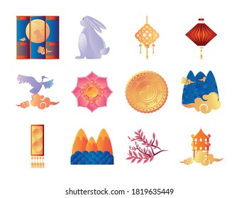 set of icons mid autumn festival or chinese moon festival in white background vector illustration design