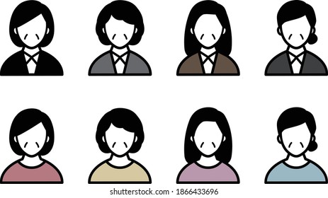 Set of icons for middle-aged female figures in casual attire and suit style