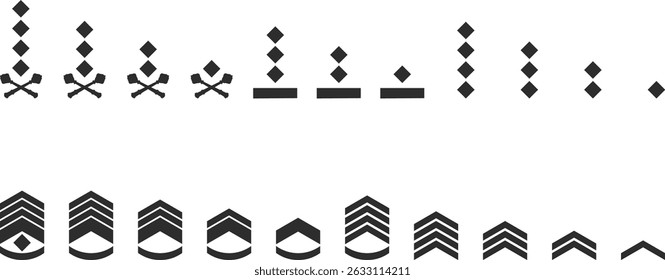 Conjunto de ícones das fileiras militares das forças armadas ou fileiras para o jogo na forma de silhuetas pretas.