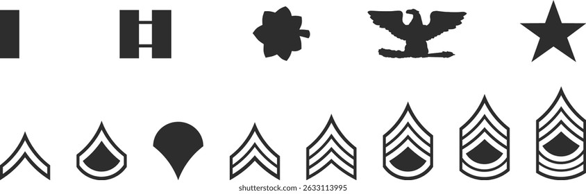 Conjunto de ícones de fileiras militares, ícones de fileiras do exército na forma de silhuetas em preto.