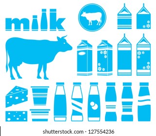 Set icons of milk, dairy products and cow. vector