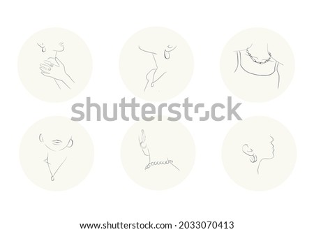 set of icons in minimal style with line drawings of woman with jewelry. Hand drawn vector design 