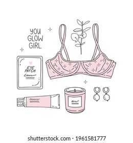 Set of icons in a minimalistic style, bundle. Sexy bra, scented candle, earrings, cream, eye patch packaging, plant sprig. Handwritten lettering "you glow girl". Vector illustration, outline drawing.