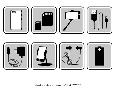 Set Icons Of Mobile Accessories. Vector Illustration.