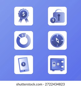 Um conjunto de ícones para um aplicativo móvel que inclui um telefone celular, um cofre de banco