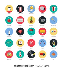 Set Of Icons For Mobile App And Web. Flat Desing With Trendy Colors. Vector