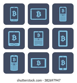 Set of icons - mobile devices with bitcoin symbols on screens