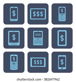 Set of icons: mobile devices with cifrao symbols (dollar symbols with two stripes) on screens