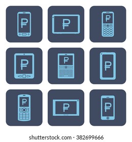 Set of icons - mobile devices with rouble symbols on screens
