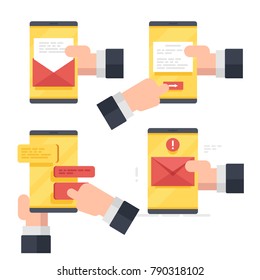 Set icons with mobile phone, notification of a new message, write an email, online dialog flat vector illustration