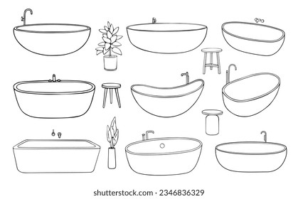 Set icons modern bathtubs for luxury interior design. Isolated line vector illustration deferent baths with furniture and plumbing