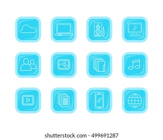 Set icons of modern computer web buttons. Cloud storage laptop speaker desktop computer user pic picture gallery music play data mobile phone globe. Internet science. Set of thin line icons. Vector