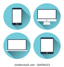 Set of icons of modern electronic devices. Desktop computer, tablet, laptop and mobile phone. Flat design vector illustration