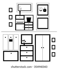 Set of icons of modern interior hallway with commode,  plant, door, table, mirror, wardrobe. Hallway interior with furniture. Hall inside the house. Vector illustration in linear style