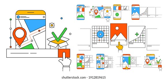 Set of icons in modern outline style. Smartphone with carousel interface post for social network, landing page design or application. Social media design concept on a white background.
