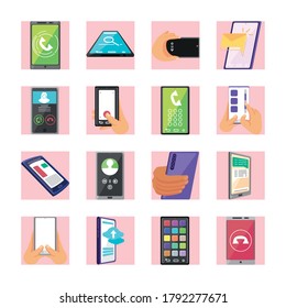 set of icons with modern smartphones over white background vector illustration design