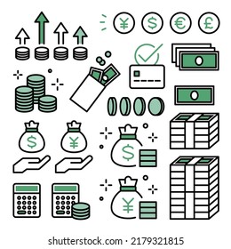 Juego de íconos de dinero, billetes, monedas, pagos, inversiones, contabilidad, moneda