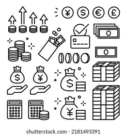 Set of icons of money, banknotes, coins, payment, investment, accounting, currency