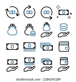 Set of icons of money, banknotes, coins coins, payment, wallet, purse, household, finance