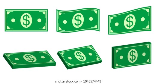 Set icons money dollar, flat and 3D bundle of cash. Vector symbol money for payment of pay, flat and isometric, bundle of cash, the dollar bill