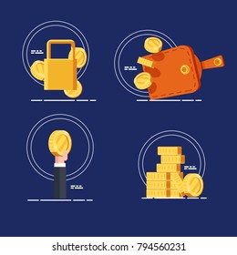 Set icons of money savings both financial attachment and investment, payment and means of payment, purse with money and gold coins, the lock, a hand holds a coin flat vector illustration