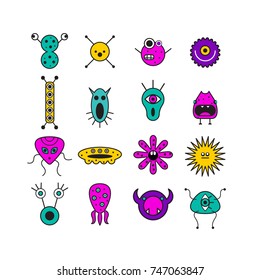 Set of icons with monsters. Colored funny microbes. Stock vector