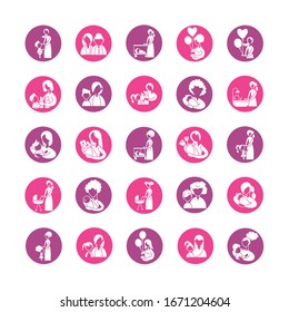 set of icons with mother and baby, silhouette style icon vector illustration design