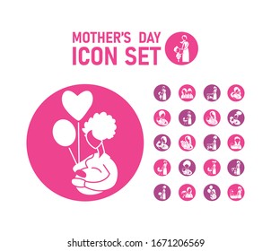 set of icons with mother and baby, silhouette style icon vector illustration design