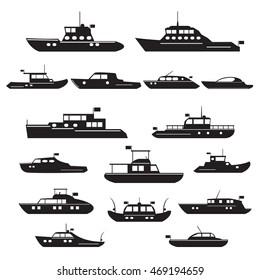 Set  icons of motor yachts and small ships to explore the sea and fishing.  Vector silhouette symbol  motor yachts.