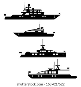 Set icons of motor yachts.Vector silhouette motor yachts.