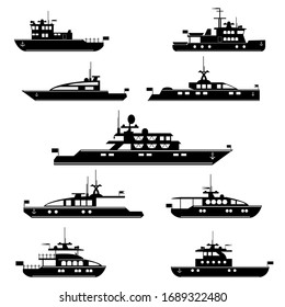 Set icons of motor yachts.Vector silhouette motor yachts.