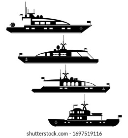 Set icons of motor yachts.Vector silhouette motor yachts.