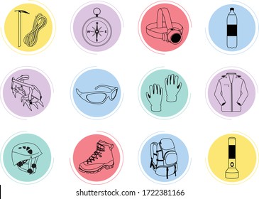 Set of icons for mountaineering equipment. Survival. Vector