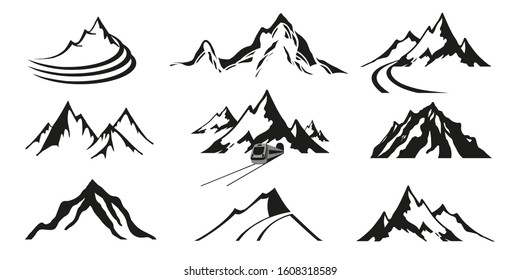 Set of icons of mountains for design black silhouettes on a white background, a train passes a tunnel, logos for creating travel stickers. Vector illustration.