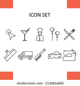 Conjunto de íconos: cursor del ratón, cóctel, cocinero, auriculares, cubiertos, espátula, máquina, peine, queso, máquina de coser. 