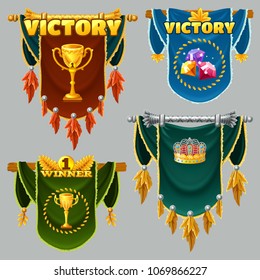 Set of icons of multicolored medieval flags for computer game. Isolated realistic vector illustration.