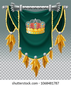 Set of icons of multicolored medieval vertical flag decorated with a crown for game. Isolated realistic vector illustration.