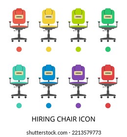 Set of icons of multicolored office chairs hanging a sign that says hiring. Graphics for creative illustration work. Set of chair icons, flat style.