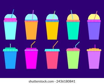 Set of icons of multi-colored plastic and paper cups with straws. Plastic cups for carbonated drinks. Smoothie glass with straw. Fizzy soft drinks. Design for banner. Vector illustration