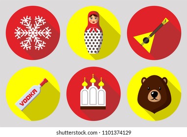 Set of icons. Multi-colored set of round icons on Russian theme, brown bear, balalaika, matryoshka, vodka bottle, Orthodox Church and white snowflakes isolated on red and yellow background